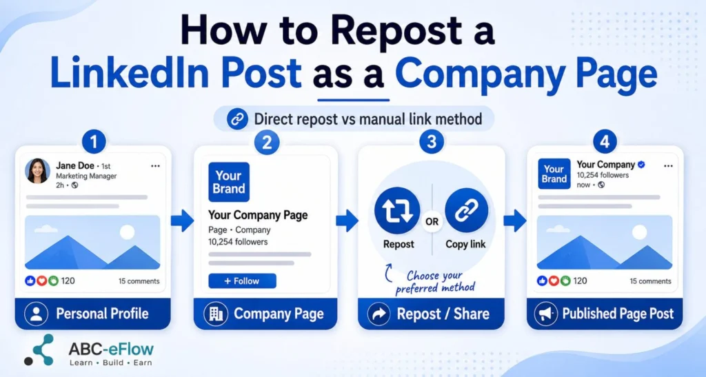 Illustration showing a LinkedIn post being shared from a personal profile to a Company Page and published as a Page post.