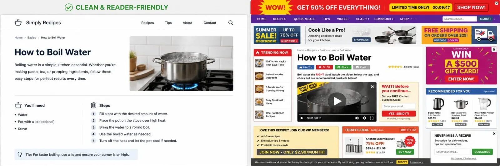 Side-by-side comparison of a clean recipe page and an ad-cluttered recipe page for how to boil water.