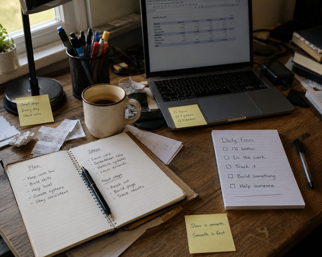 A laptop on a modest home desk with a notebook and task list. No beach laptop fantasy nonsense.