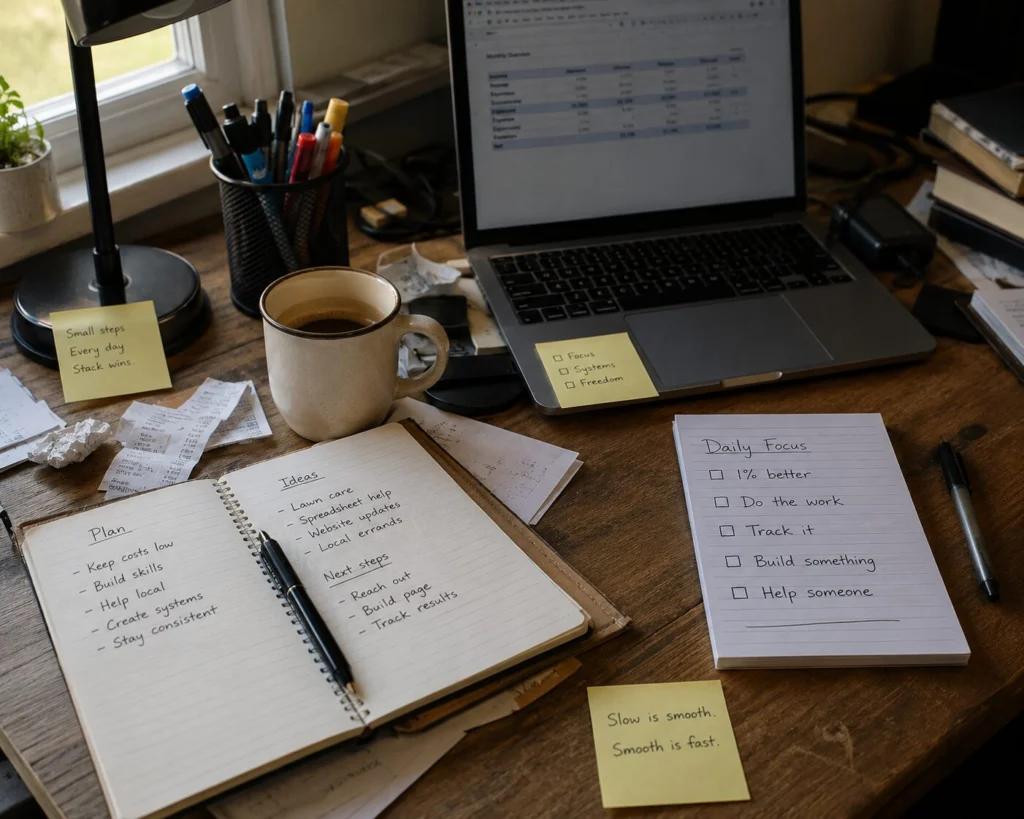Money for the Future – Income That Can Compound Over Time Home-office desk with a laptop, coffee, receipts, notebooks, and handwritten planning notes for tracking side-gig work and expenses.