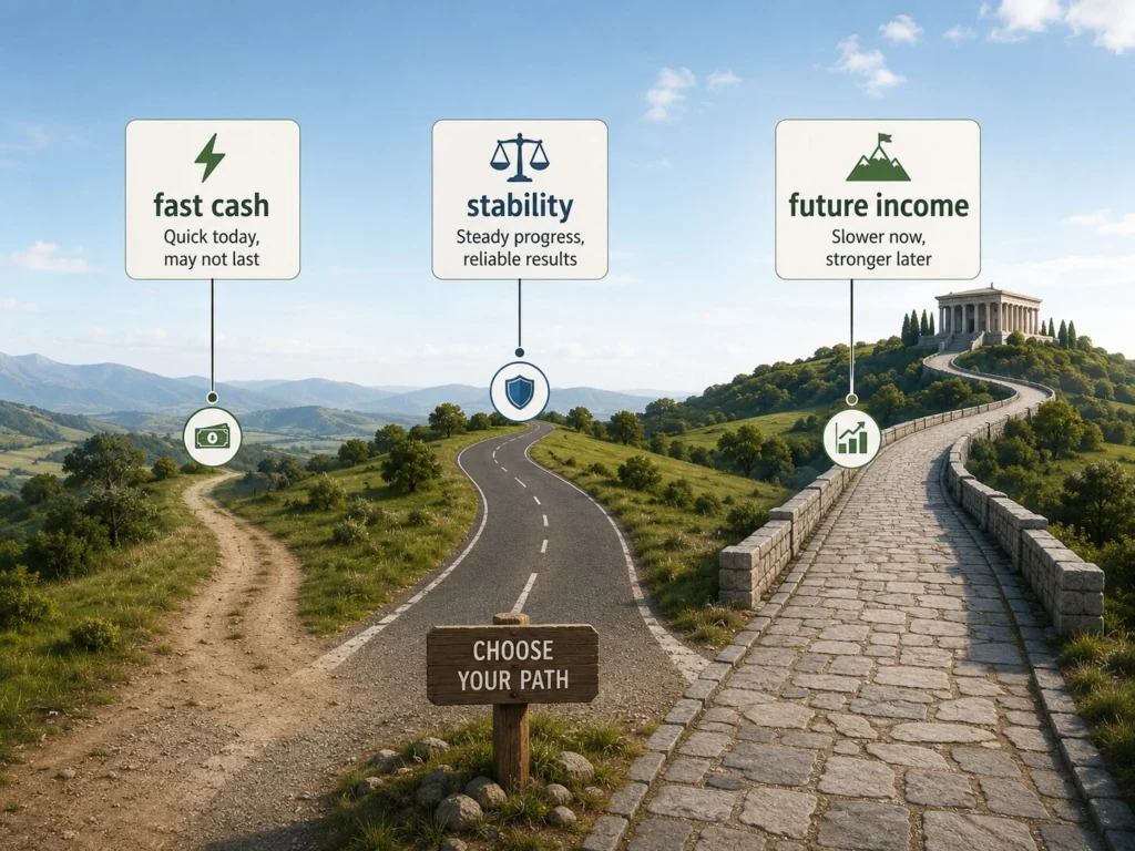 Three paths representing fast cash, stable income, and future income, with a sign reading “Choose Your Path.”