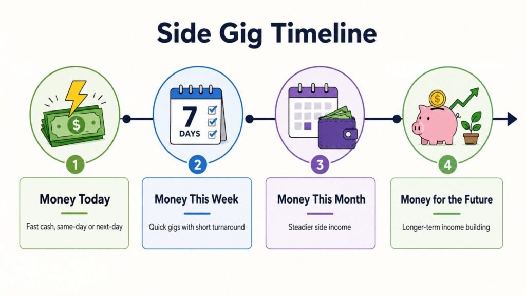 Simple money timeline showing today, this week, this month, and future income planning.