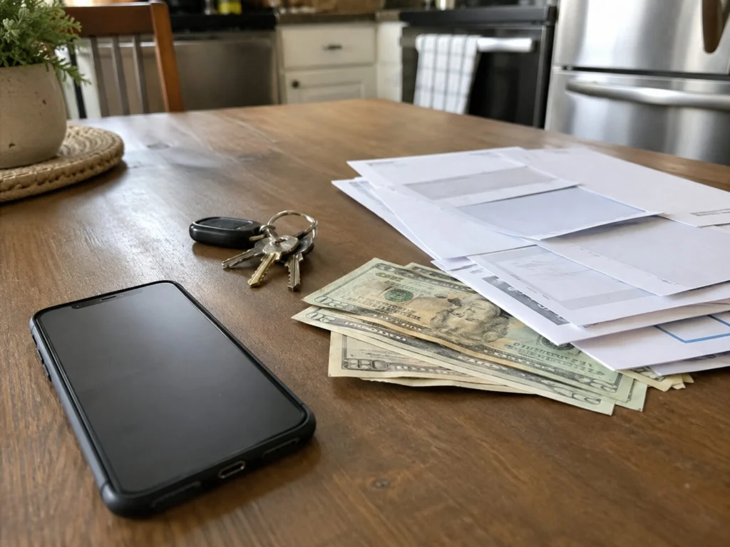 Household bills and a notebook on a kitchen table representing an immediate cash shortage.