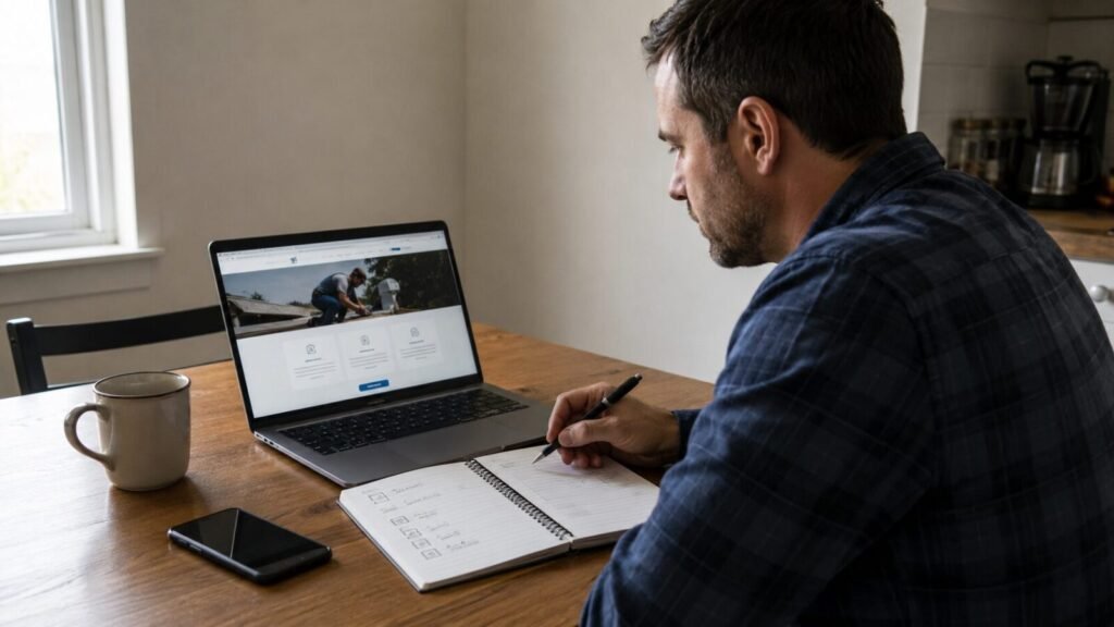 How to Set Up a Basic Website for a Side Gig Side-gig owner setting up a basic business website on a laptop at a home workspace.