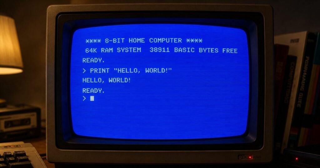 Blue 8-bit startup screen on a vintage CRT monitor.
