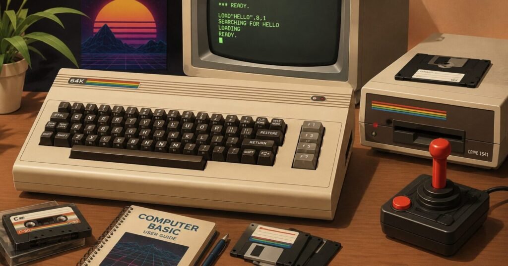 Stylized 1980s home computer with disk drive, joystick, disks, and cassette software. Yes 1541 is wrong :)