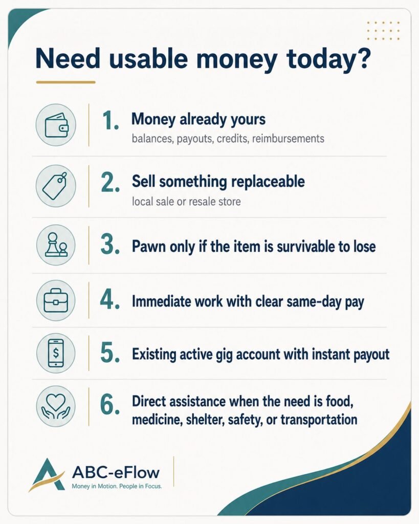 Decision guide showing the least-damaging order for finding emergency cash today, beginning with money already available and ending with direct assistance.