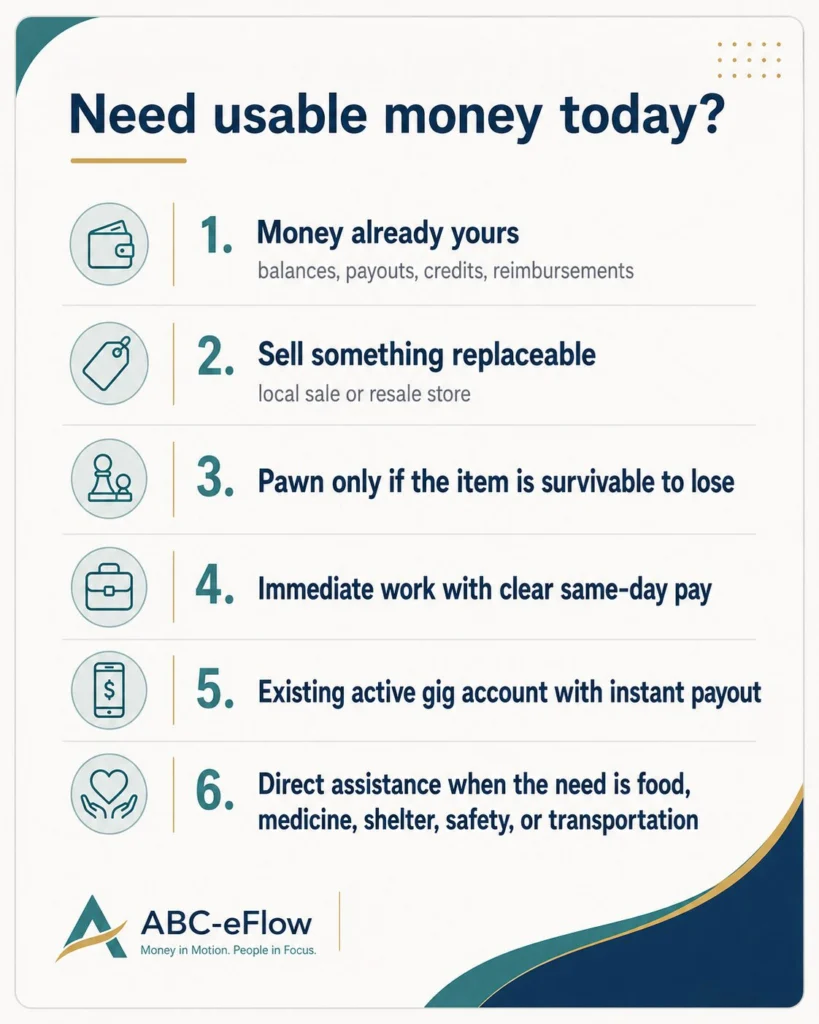 Decision guide showing the least-damaging order for finding emergency cash today, beginning with money already available and ending with direct assistance.