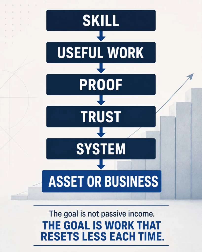 Money for the Future – Income That Can Compound Over Time Progression showing how a useful skill can produce real work, proof, trust, repeatable systems, and eventually an income-producing asset or small business.