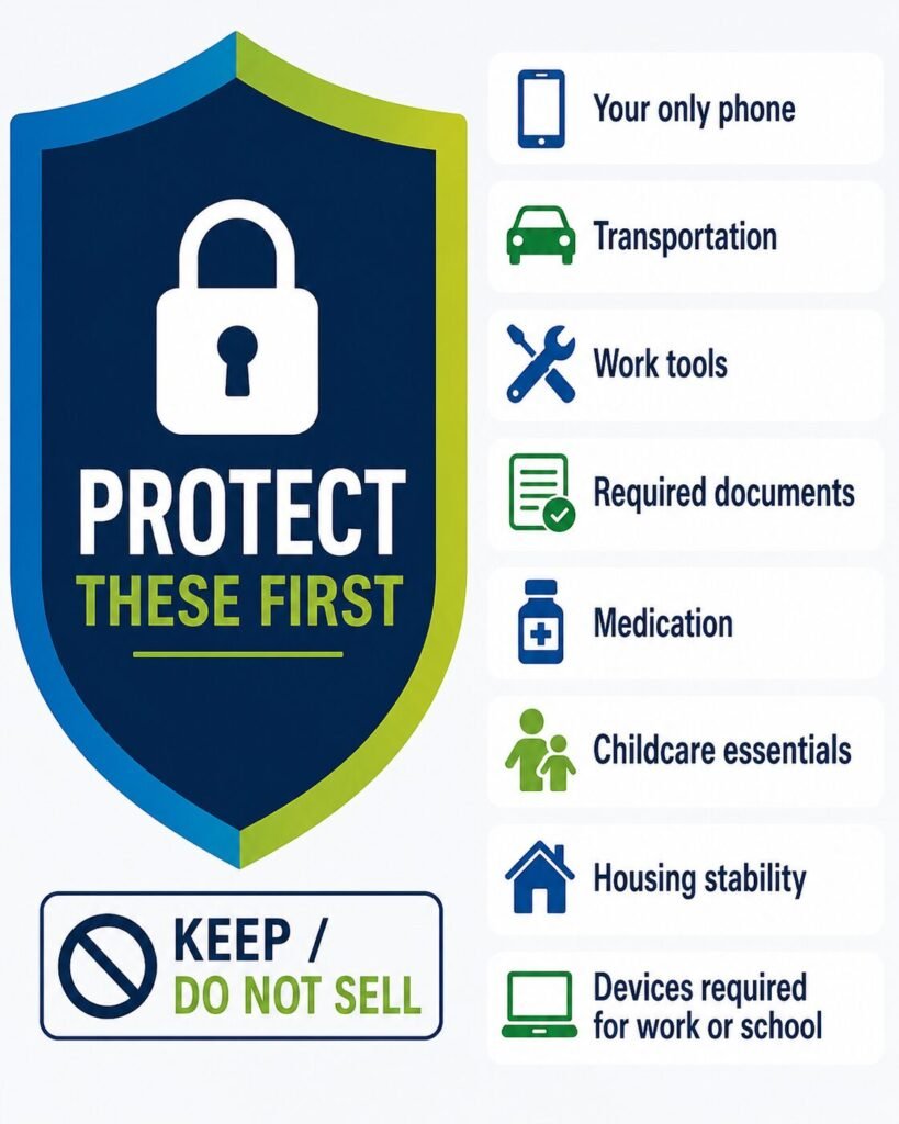 Checklist of essential items to protect during an emergency cash shortage, including transportation, phone access, work tools, medication, and required documents.