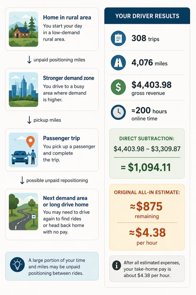 Summary of 308 Uber trips showing 4,076 miles, $4,403.98 gross revenue, about 200 hours, and an estimated $4.38 hourly return.