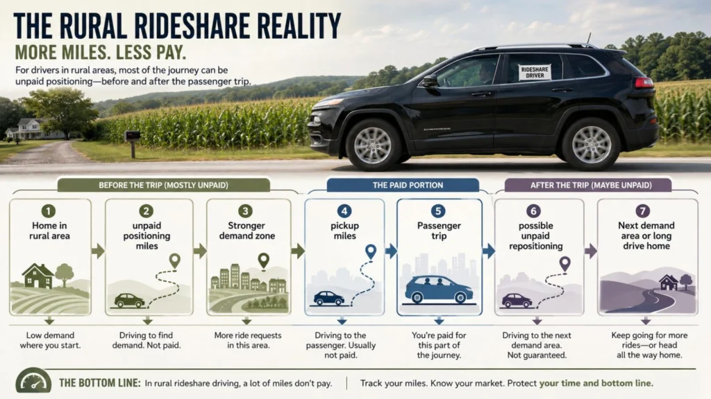 Diagram showing unpaid miles from a rural home to an Uber demand area, followed by pickup, paid trip, repositioning, and the drive home.