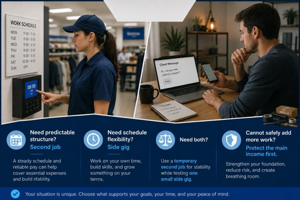 Decision guide comparing predictable second-job structure, flexible side-gig work, a hybrid approach, and protecting the main income when extra work is not sustainable.