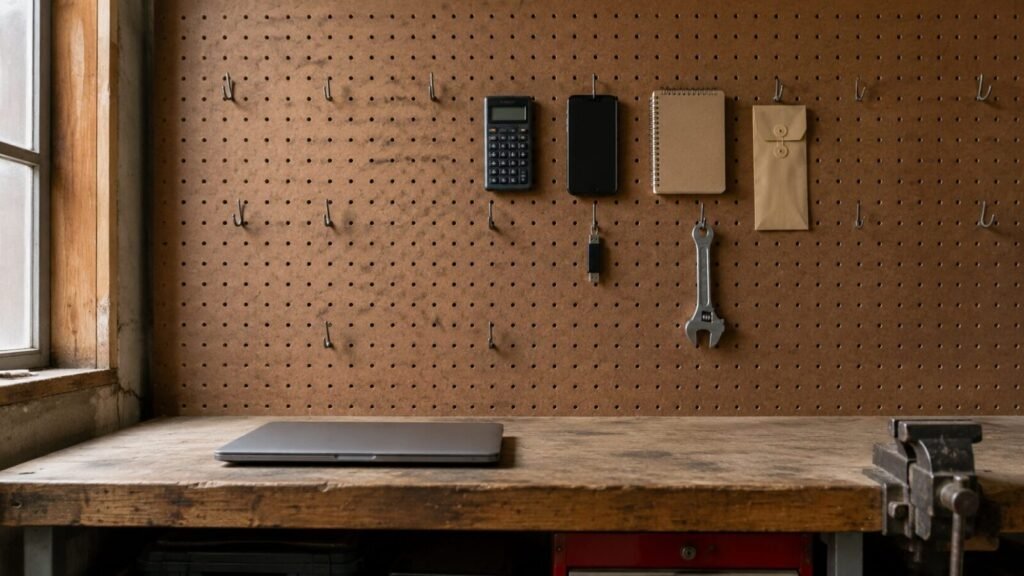 Selected business and practical tools arranged on a mostly empty workshop pegboard.