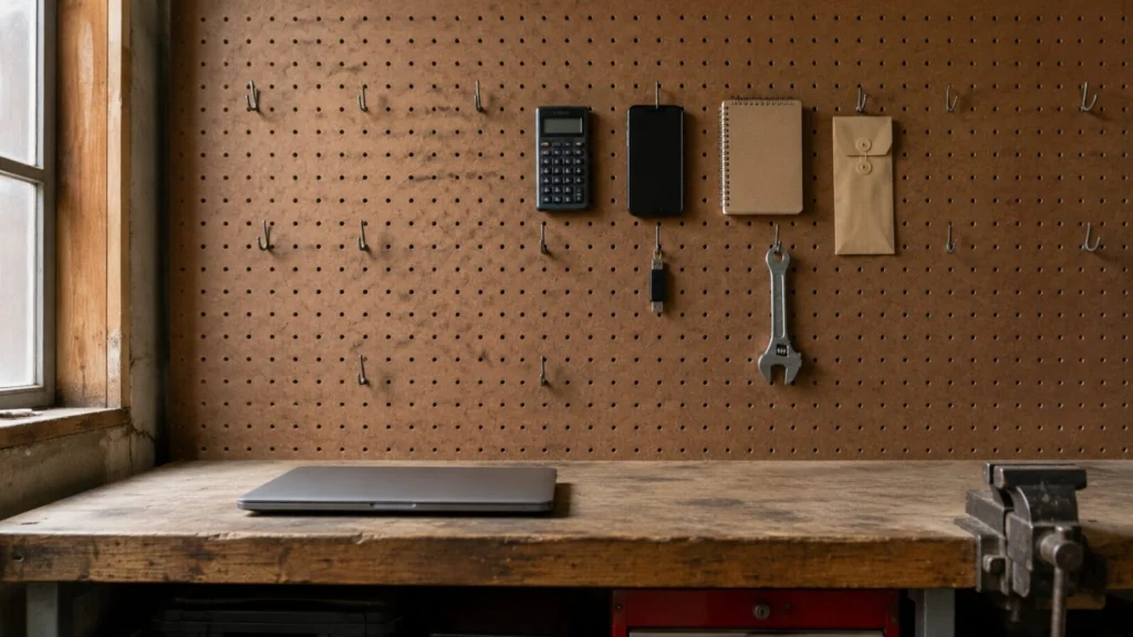 Selected business and practical tools arranged on a mostly empty workshop pegboard.