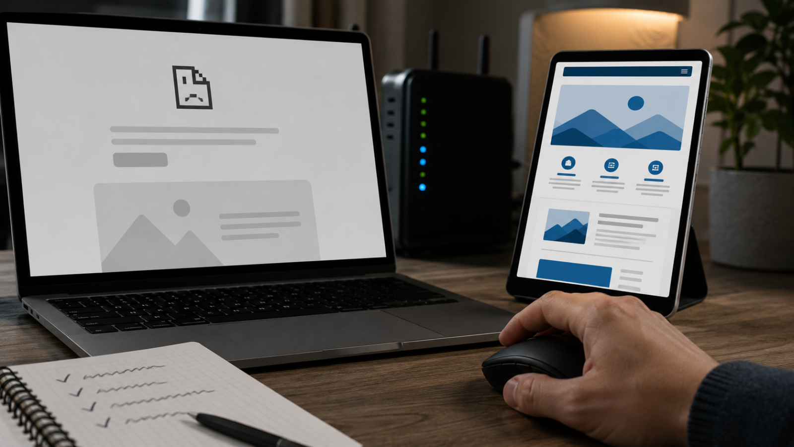 Laptop and diagnostic tools representing practical website troubleshooting and fixes.