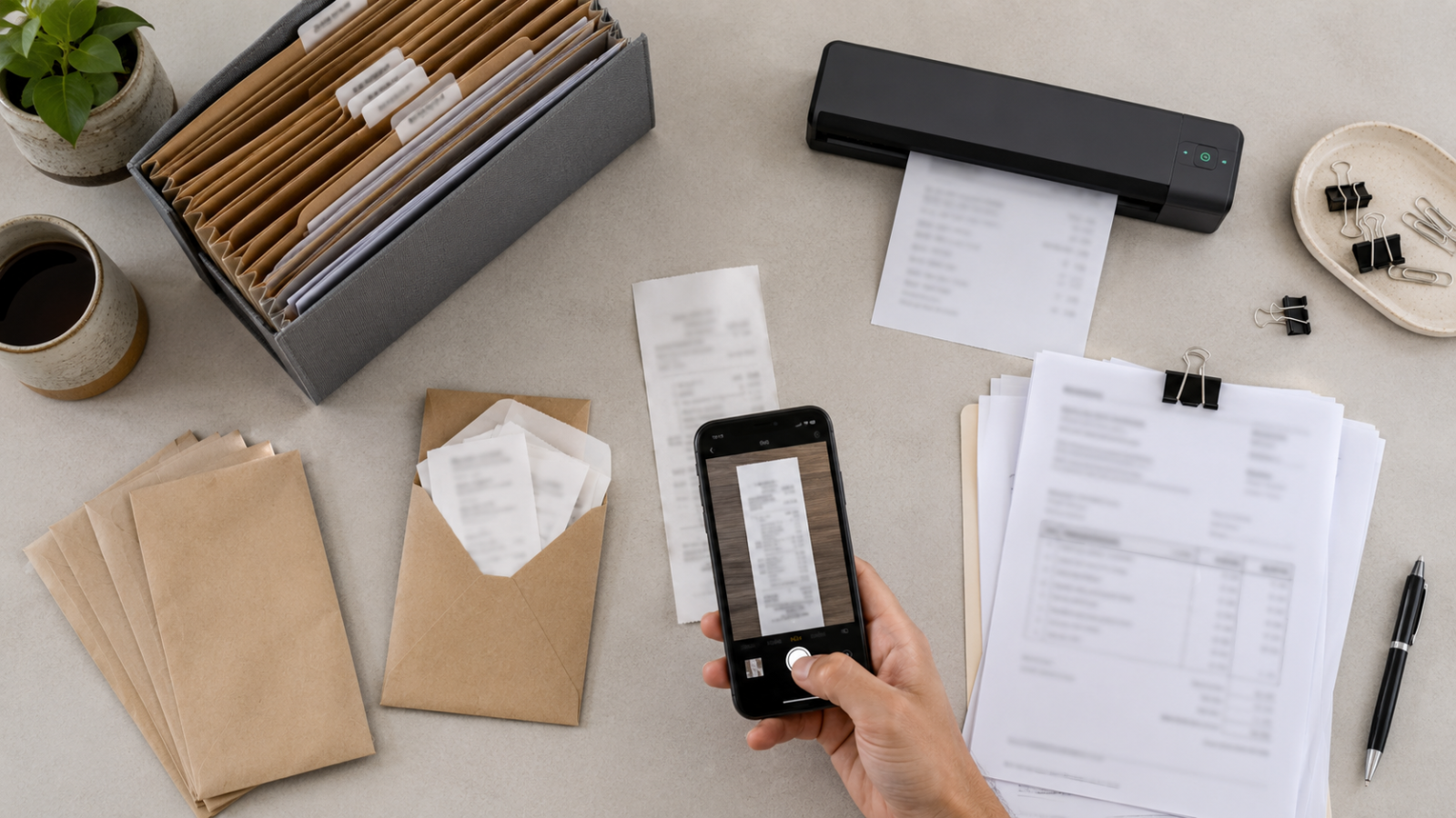 Side-Gig Recordkeeping Checklist Receipts, folders, a document scanner, and a phone arranged for a simple side-gig recordkeeping system.