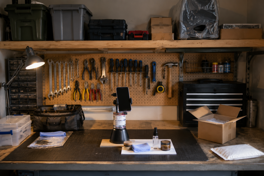 Organized workshop with basic tools, a phone stand, packing materials, and a small product setup.