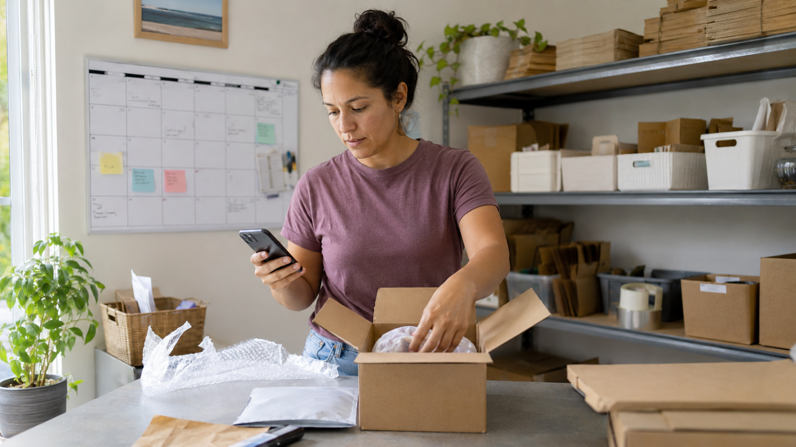 Small-business operator checking a phone while packing an order beside a calendar and shipping supplies.