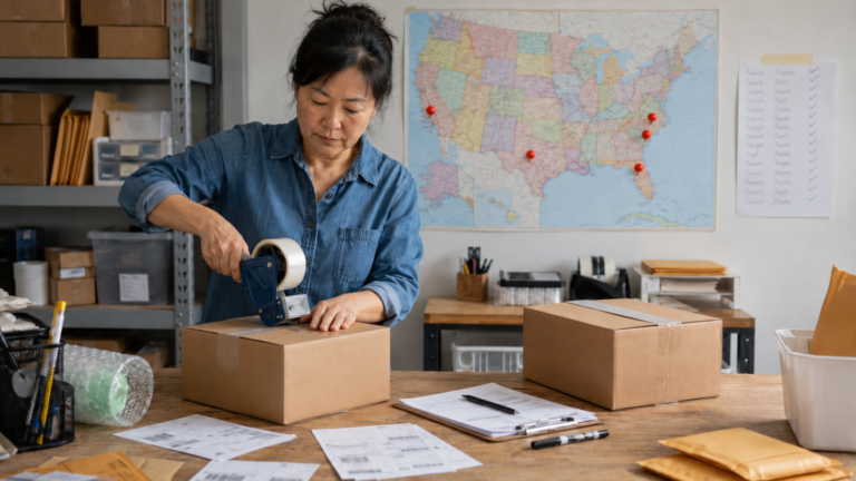Small shipping workspace with invoices, boxes, and a U.S. map marking sales destinations across several states.