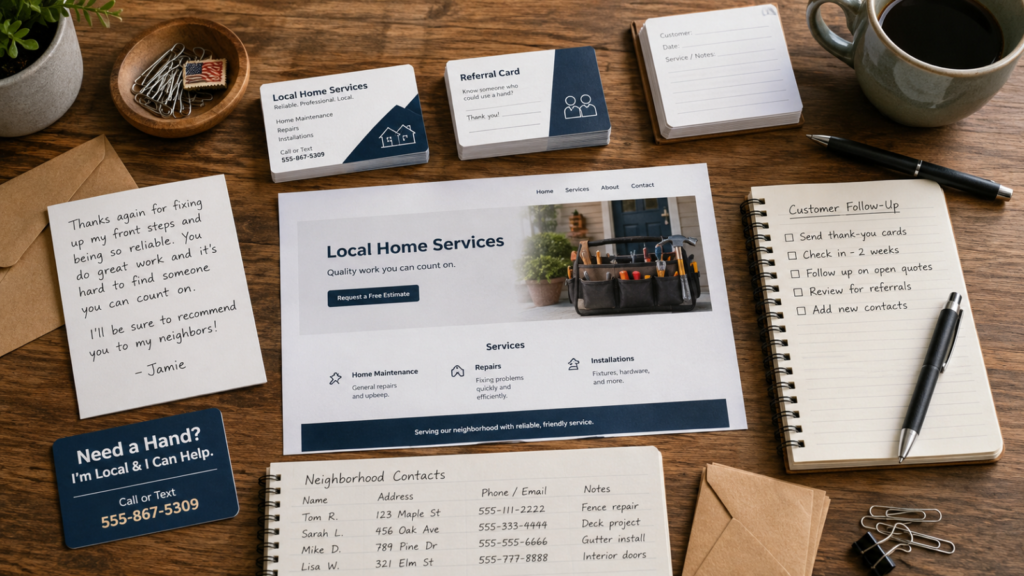 Small-business marketing desk with business cards, referral cards, website mockup, contact list, follow-up notebook, and thank-you note.