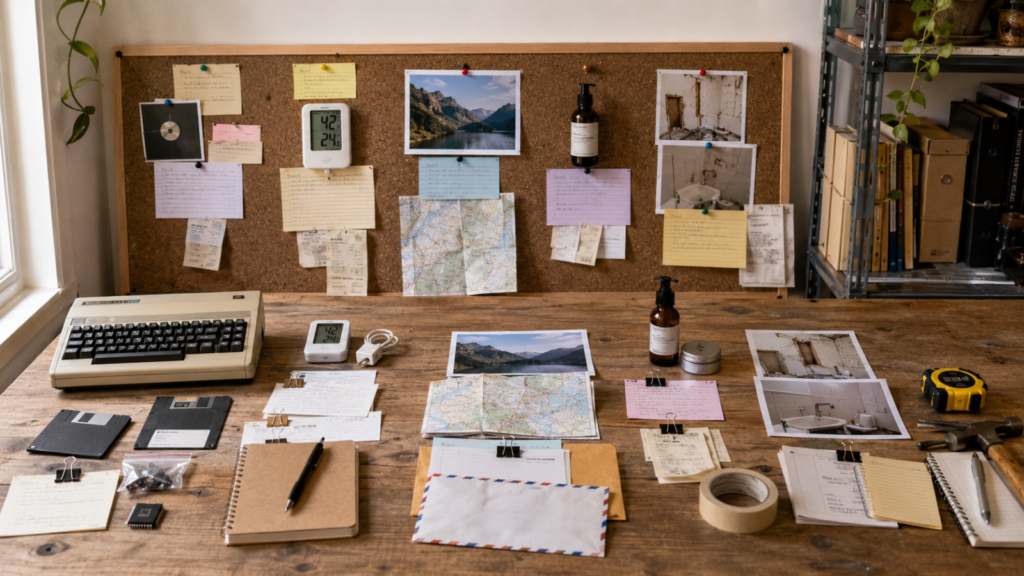 Project workbench with a retro computer, humidity meter, travel map, repair photos, receipts, and project notes.