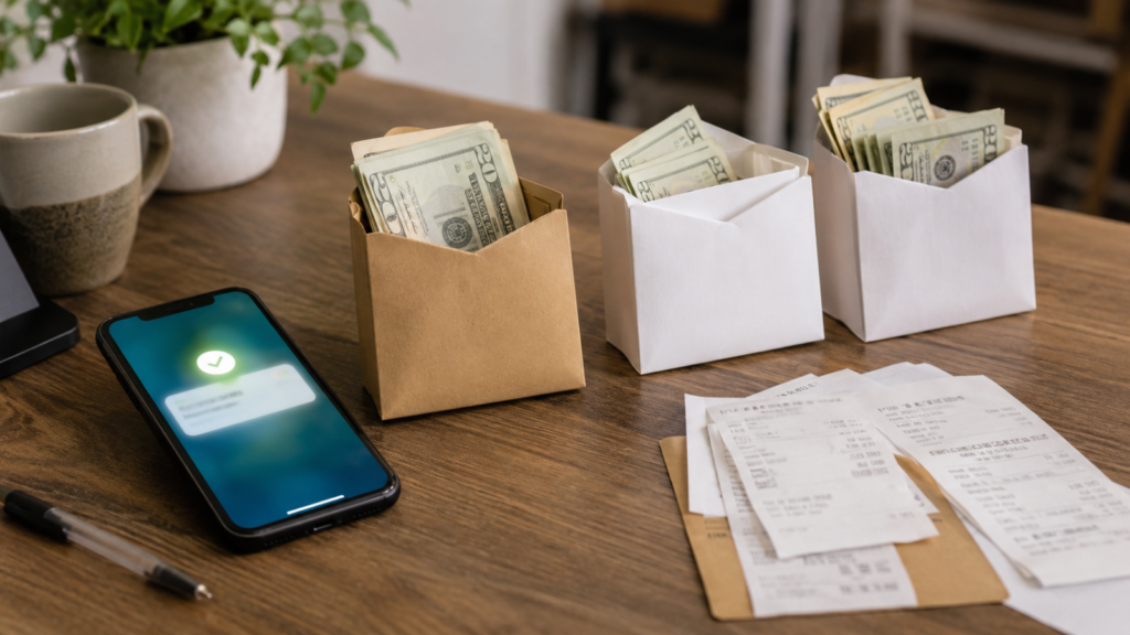Cash divided among envelopes beside receipts and a phone, representing a separate side-gig tax reserve.
