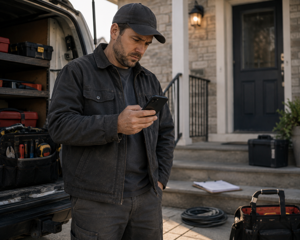 Service contractor checking a phone beside a work van and tools outside a customer's home.