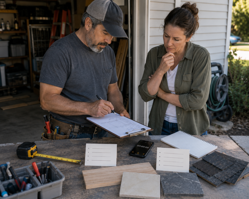 How to Raise Small Business Prices Without Guessing Contractor reviewing plans, time, and material samples with a homeowner before pricing service work.