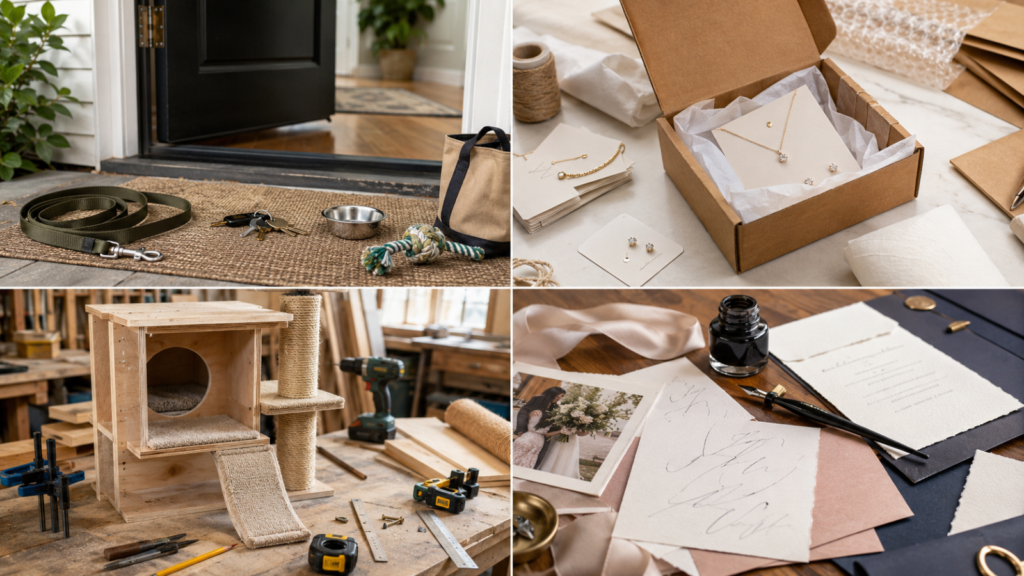 Pet care, handmade product shipping, custom pet furniture, and calligraphy commission scenes representing different side-gig liability exposures.