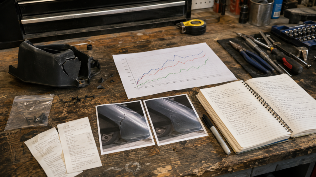 Workbench with repair parts, receipts, before-and-after photos, a printed chart, notebook, and hand tools.
