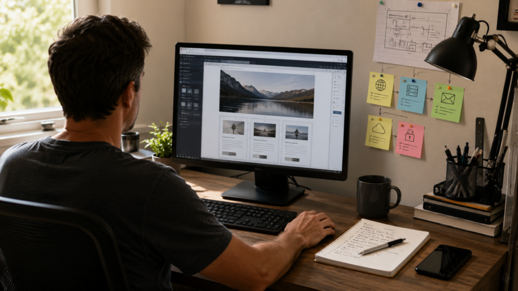 Desktop monitor showing a website editor beside a notebook and phone in a practical home workspace.