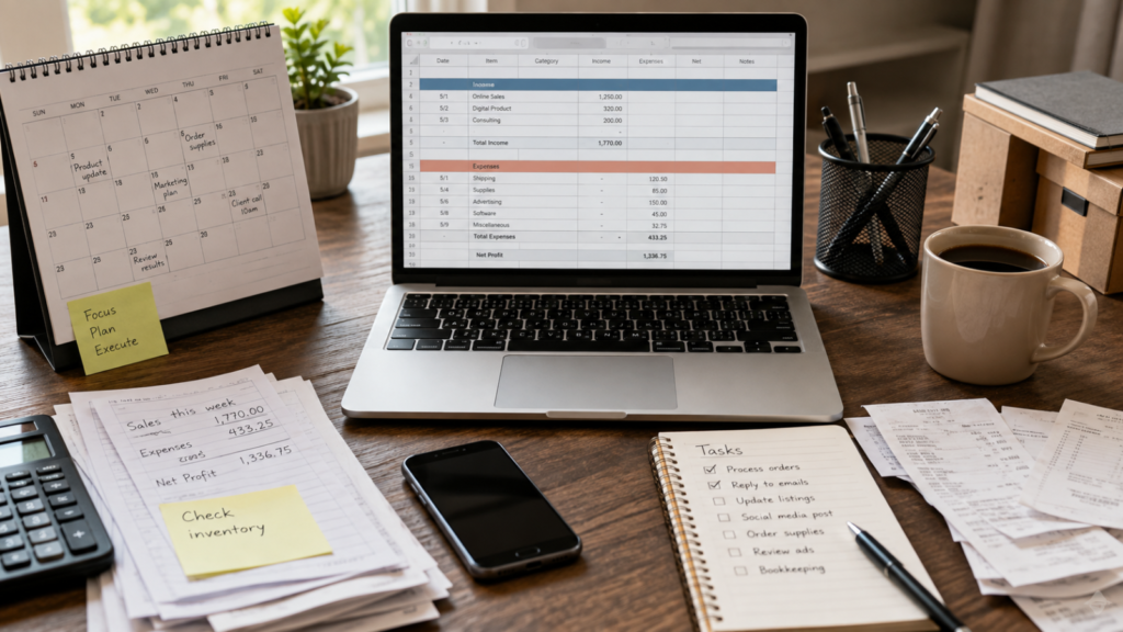 Laptop spreadsheet, calendar, receipts, and task notebook in an organized small-business workspace.