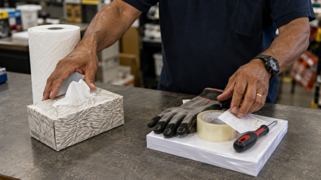 Worker reviewing a receipt beside gloves, tape, a screwdriver, and purchased supplies at a store counter.
