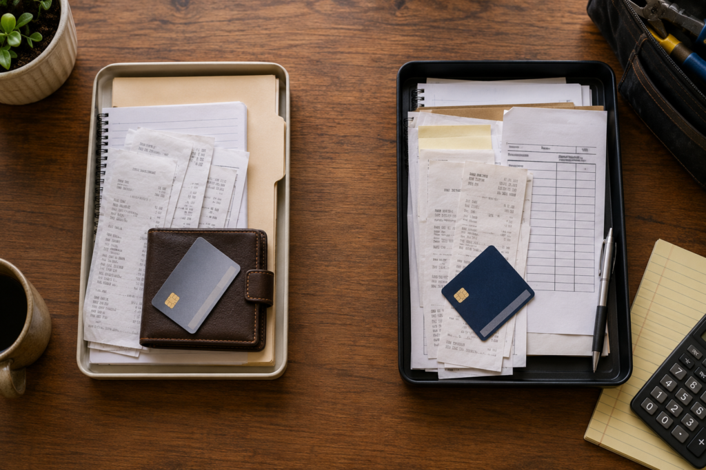 Should You Use a Separate Bank Account for a Small Business? Personal and side-gig receipts, payment cards, and records separated into two organized trays.