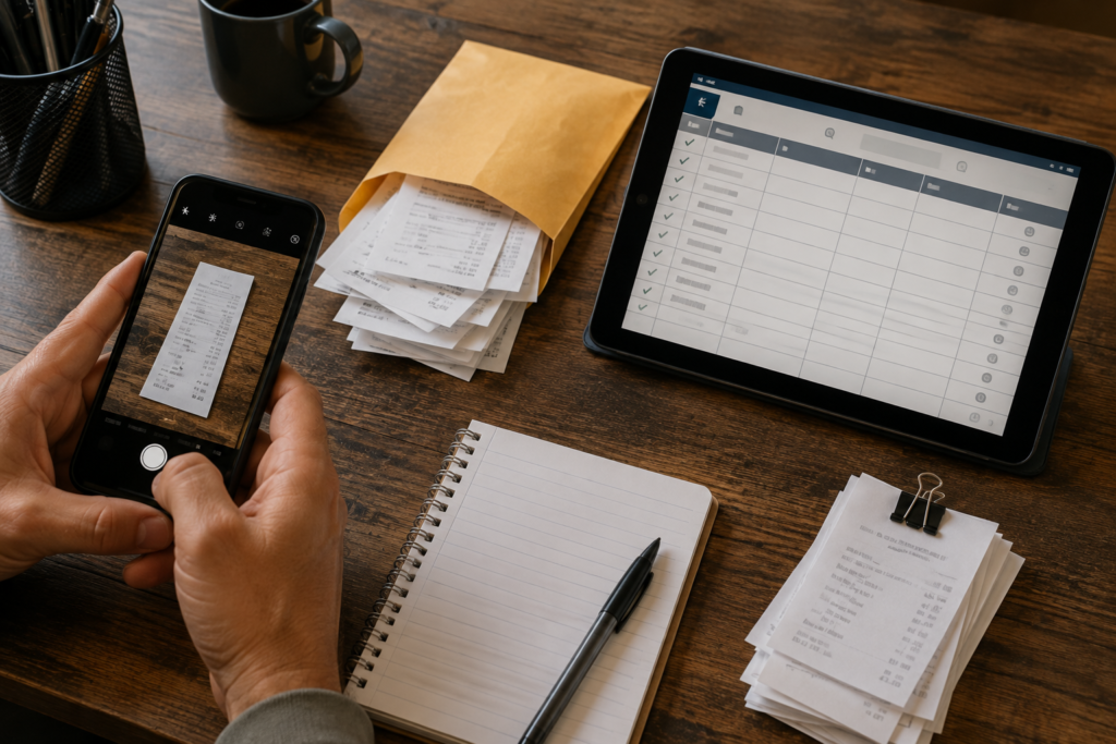 Tablet, notebook, phone, and receipts used to record side-gig income and expenses.