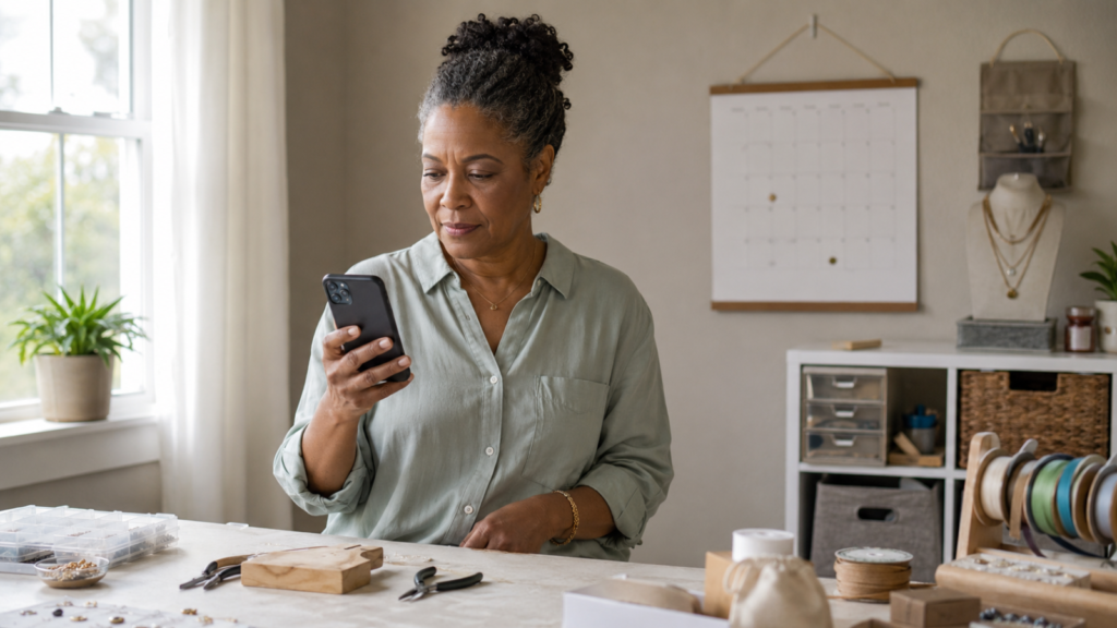 How to Handle a Slow Month in a Small Business Jewelry maker checking a phone in a quiet workspace with tools, supplies, and a wall calendar.